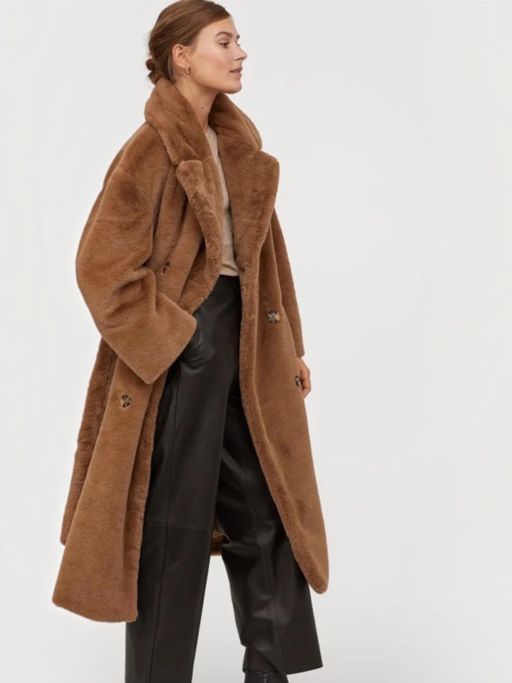 H&M Faux Fur Teddy Maxi Coat XS Camel Brown Belted Double Breasted
